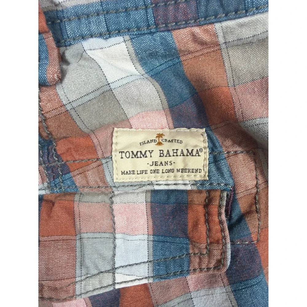Tommy Bahama Mens Plaid Cargo Shorts Size 38 Blue Orange Cotton T0428W